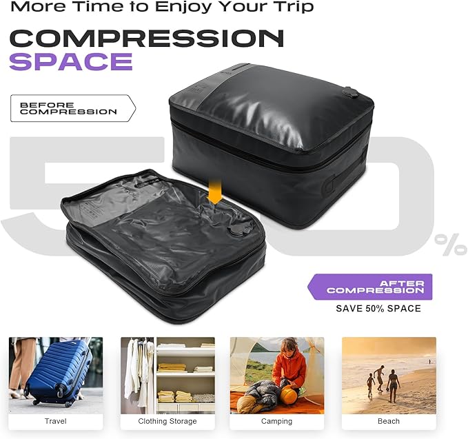 TPU Vacuum Bag for Travel, 70D Nylon Reusable Compression Bag with IP67 Waterproof Zipper, Compression Packing Cubes for Clothing, Space Saver Bags for Luggage and Backpack (Full Open, Grey,1Pcs)