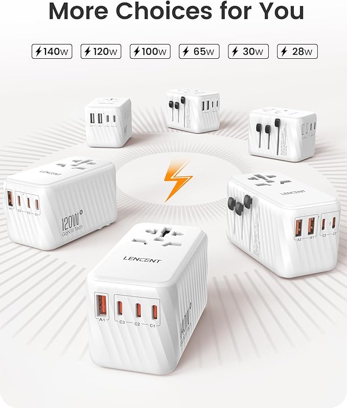 LENCENT Universal Travel Adapter, 100W GaN International Fast Charger with 2 PD3.0 Type C+2 QC USB A, Worldwide Power Adaptor for Phones,Laptops, All in One Travel Essentials for EU/USA/UK/AU, White