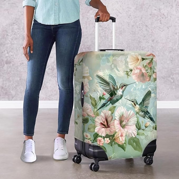Hummingbird Luggage Cover for Women Travel Luggage Covers for Suitcase Elastic Spandex Suitcase Covers Protector with Zipper Flower Suitcase Covers for Luggage Fit 22-25 Inch