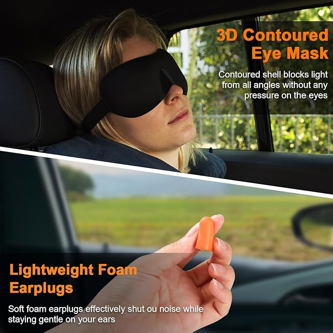 Travel Pillow - Hooded Neck Pillow Airplane Memory Foam Filling for Plane, Office, Cars Sleeping, Road Trip, Long Flights, Portable Plane Accessories, Includes Eye Mask & Earplugs (Dark Gray)