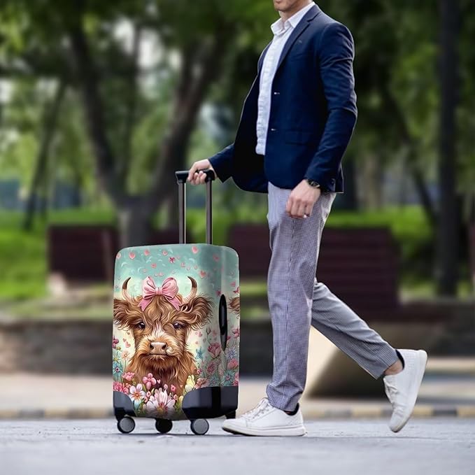Highland Cow Suitcase Cover Flower Suitcase Protector Fits 26-29 Inch Luggage(Size L) Anti-Scratch Washable Spandex Luggage Cover Stretchable Suitcase Covers with Zipper