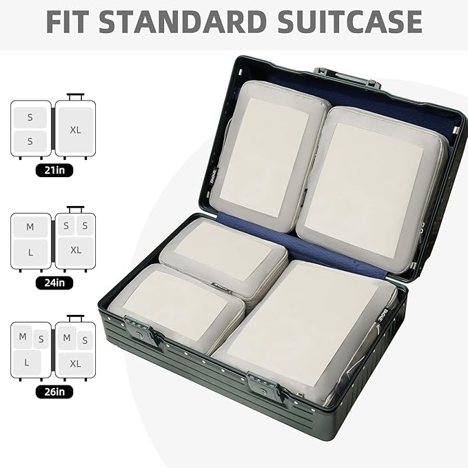BAGAIL 4 Set/6 Set/8 Set Compression Packing Cubes Travel Accessories Expandable Packing Organizers (Square Mesh, 06-Grey)