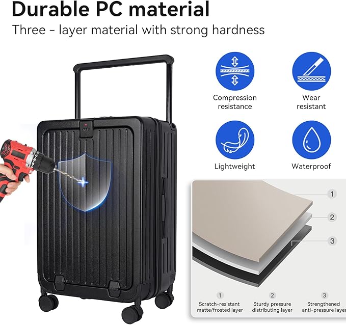 SOKOK Front Pocket Luggage with Spinner Wheels, 24'' Wide Handle Travel Suitcase PC Hardshell Multifunctional Luggage with Charging Port and Cup Holder, Black