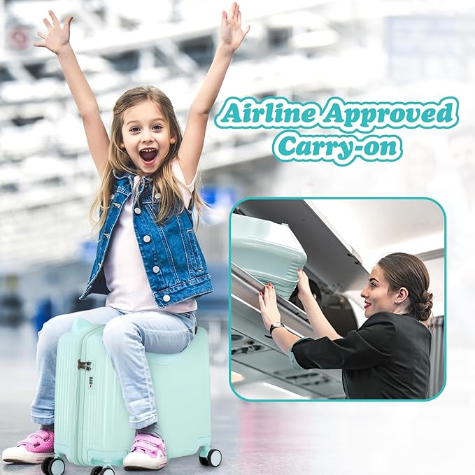 20" Ride-On Travel Suitcase for Kids, Cute Ear Toddler Carry on Luggage with Spinner Wheels, Children Rolling Trolly Luggage with Combination Lock (Green)
