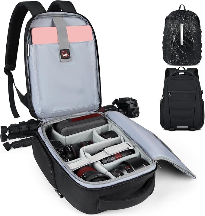 SDYSM Camera Bag Backpack Professional for DSLR SLR Mirrorless Camera Waterproof Laptop Back Pack 14 Inch with Rain Cover Anti Theft Travel Case Large Capacity Photography Backpack Black