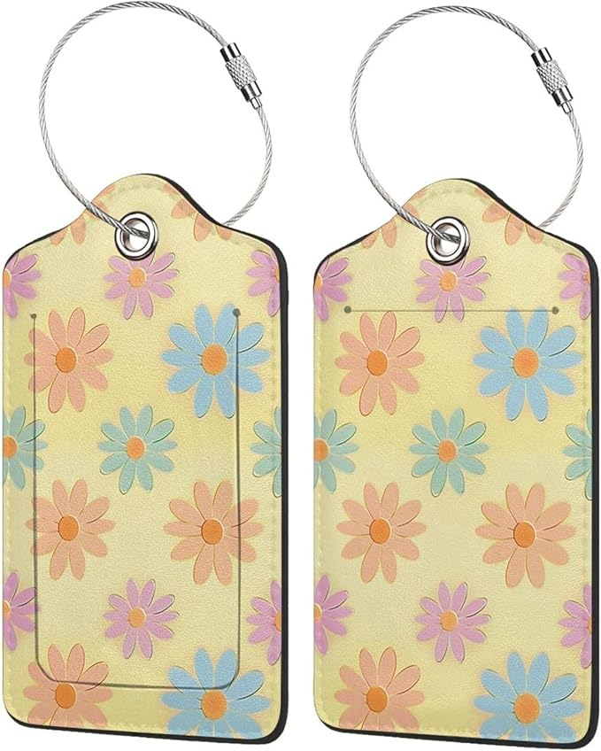 Flowers Leather Luggage Tag with Stainless Steel Ring, Fun Name Id Card Cover Travel Bag Tag Set, Suitable for Travel Bag Luggage Women Men 2 PCS