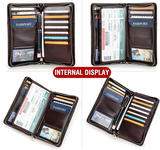 Top Grain Leather Travel Passport Wallet Holder for Man & Woman, Handmade with Three-Layer for 4 Passports & Multi Cards, RFID Blocking Large Capacity for Cards/Passports/Tickets, Blue