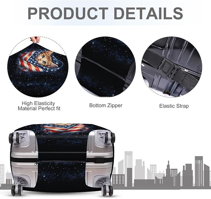 ANNA QUEEN Cute Patriotic Cat Luggage Cover, American Flag Suitcase Protector, Stretchable, Washable Travel Cover for 32-34 Inch Luggage