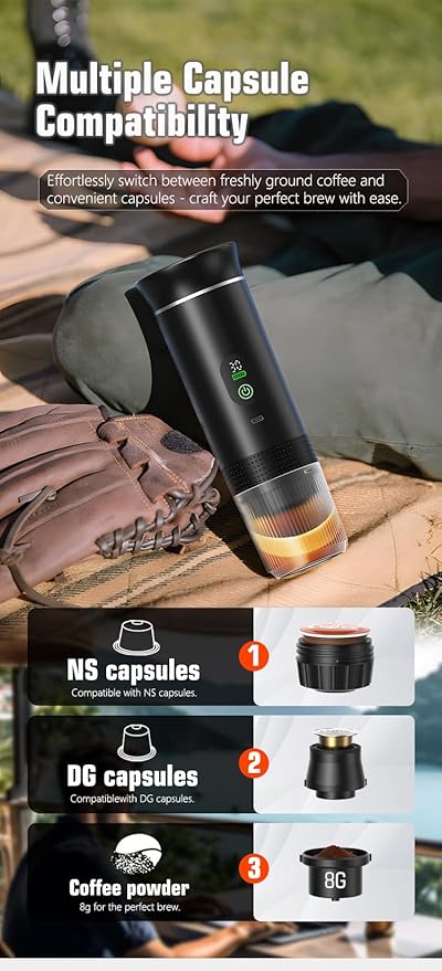 Portable Electric Coffee Maker, Digital Display, Compatible with Coffee Pods,Rechargeable Coffee Machine for Travel, Camping, RV,Home,Office (white)
