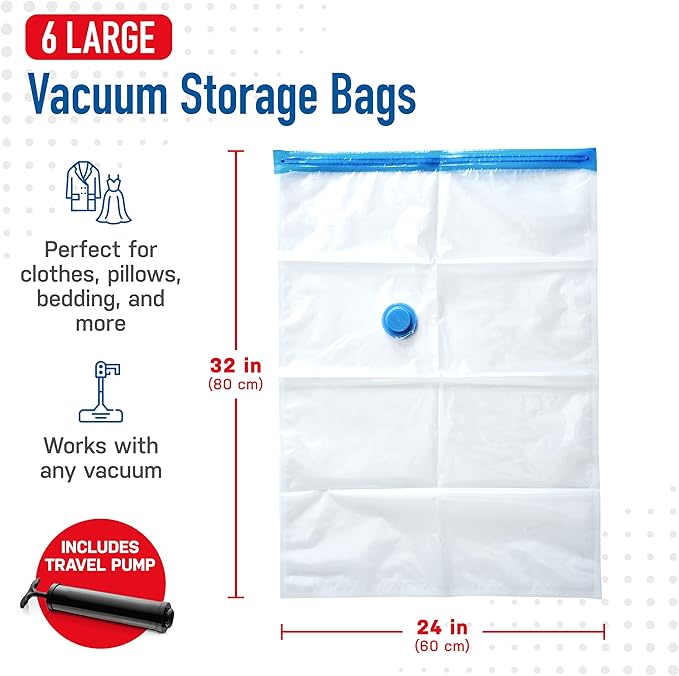 6 Pack Large Vacuum Storage Bags for Comforters, Blankets & Clothes – Vacuum Sealed Compression Bags with Hand Pump – Space Saver Storage Bags for Bedding, Moving, Travel & Organization