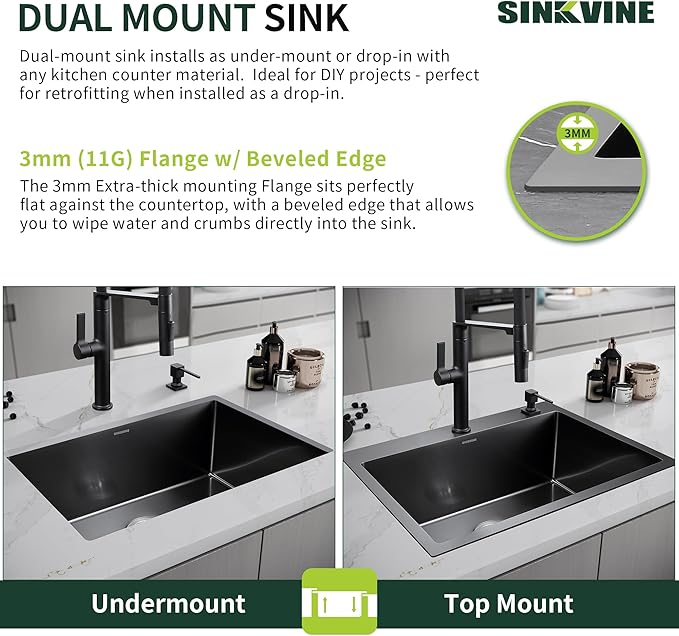 Black Drop-In Kitchen Sink 25 x 22 inch, SINKVINE PVD Nano Stainless Steel Sink for Laundry Outdoor, with Top Mount Large Deep Single Bowl, Drain Strainer, Bottom Grid, Roll-up Drying Unit, Dark Gray