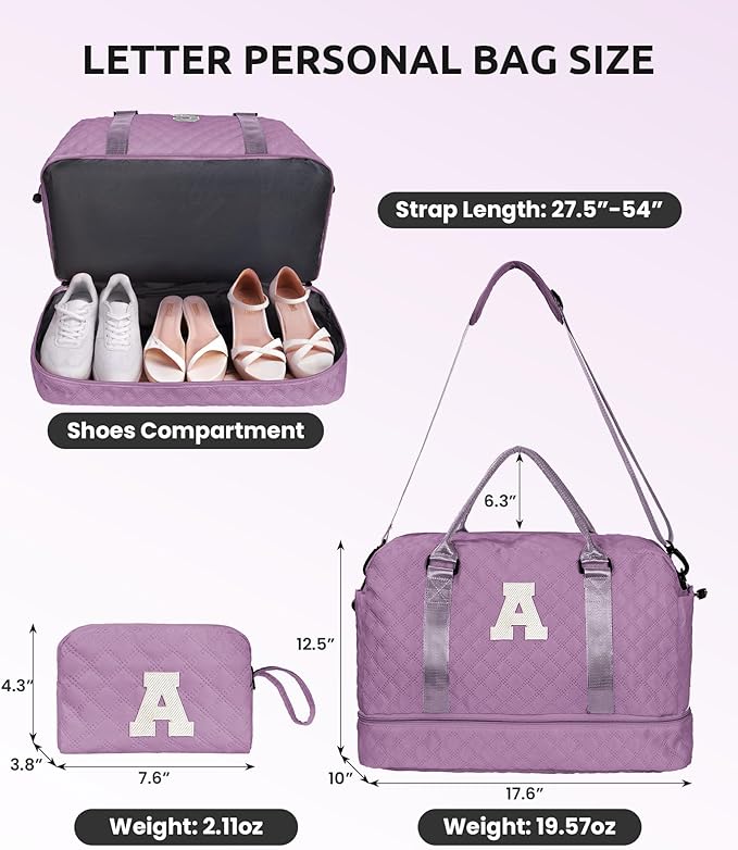 Personalized Gifts-Girls Duffle Bag with Shoe Compartment, Personalized Weekender Bag, Monogram Overnight Bag, Letter Travel Bag with Makeup Bag，Birthday Gift For Women Girl (Letter L)