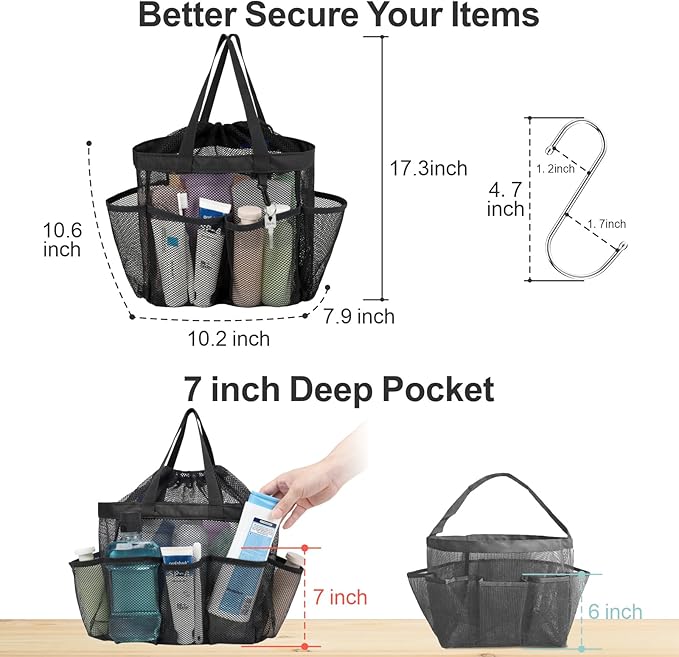 F-color Mesh Shower Caddy Portable with Drawstring - Upgrade Deeper 7 Pockets Dorm Room Essentials for Guys Girls with S Hook, Shower Bag Basket Tote for College Camping Toiletry Bathroom, Black