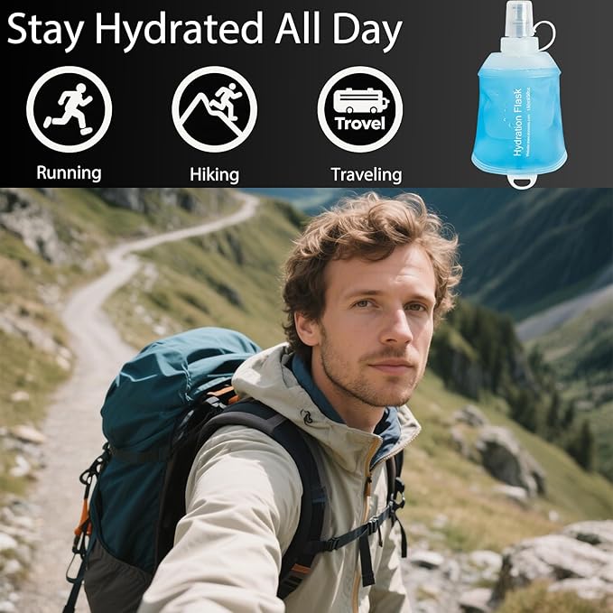 CLINTT 250ml Soft Flask, Foldable Running Water Bottle, TPU Folding Soft Water Flask, BPA-Free Collapsible Flask for Hydration Pack Running Vest, Cycling, Climbing, Hiking - 1Pcs, Blue
