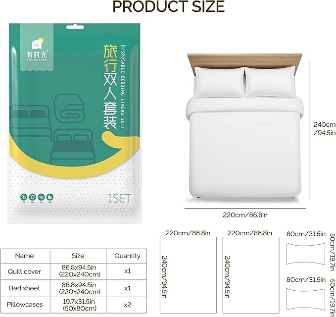 YOUNGTIME Disposable Bed Sheets for Travel,Disposable Portable Bedding Set with 2 Bed Sheet 2 Quilt Cover and 4 Pillowcase for Hotel & Trips,2 Pack