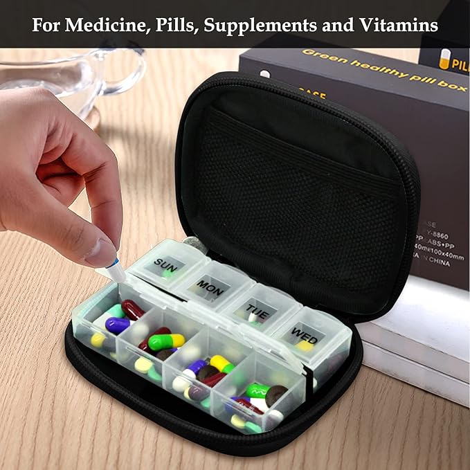 Serfeymi Weekly Travel Pill Organizer Pill Case for Purse with Removable 7 Day Pill Box, Fashionable Travel Medicine Organizer Pill Container for Medicine, Vitamin, Supplement - Brown 02