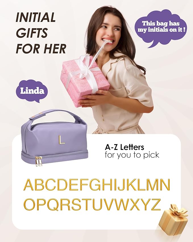 Gifts for Female, Personalized Makeup Bags with Handle, Waterproof Double Layer Cosmetic Bag, Large Capacity PU Leather Makeup Bags Letter Travel Toiletry Bag with Makeup Brush Organizer