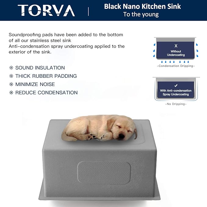 TORVA 30 x 18 Inch Black Ceramic Coating with NanoTek Undermount Kitchen Sink, PVD Coated Gunmetal Sink,16 Gauge Stainless Steel Wet Bar or Prep Sinks Single Bowl,Dark Grey