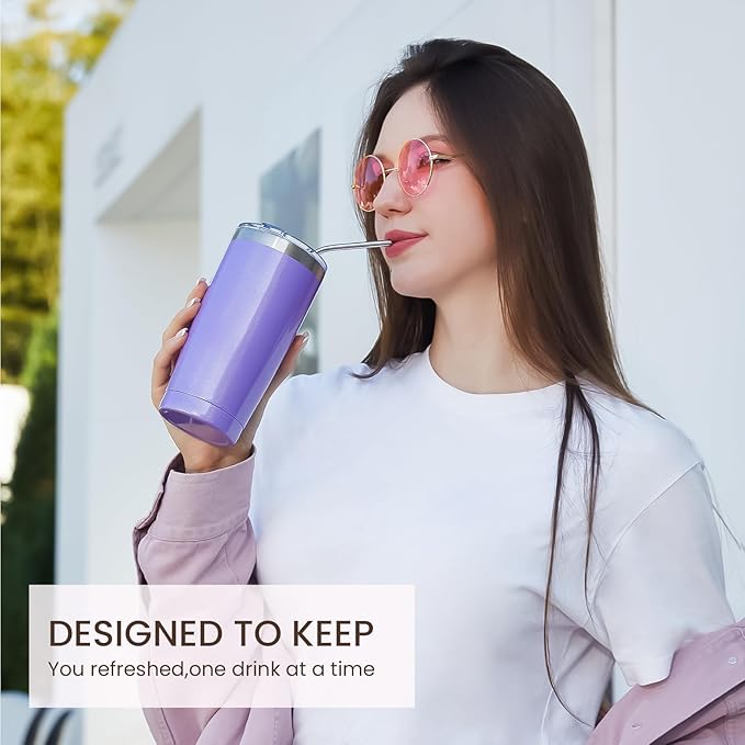 MEWAY 20oz Tumbler 2 Pack Double Wall Vacuum Insulated Travel Glitter Mug Bulk, Stainless Steel Tumblers with Lid and Straw, Powder Coated Coffee Cups for Woman(Rainbow Purple,Set of 2)