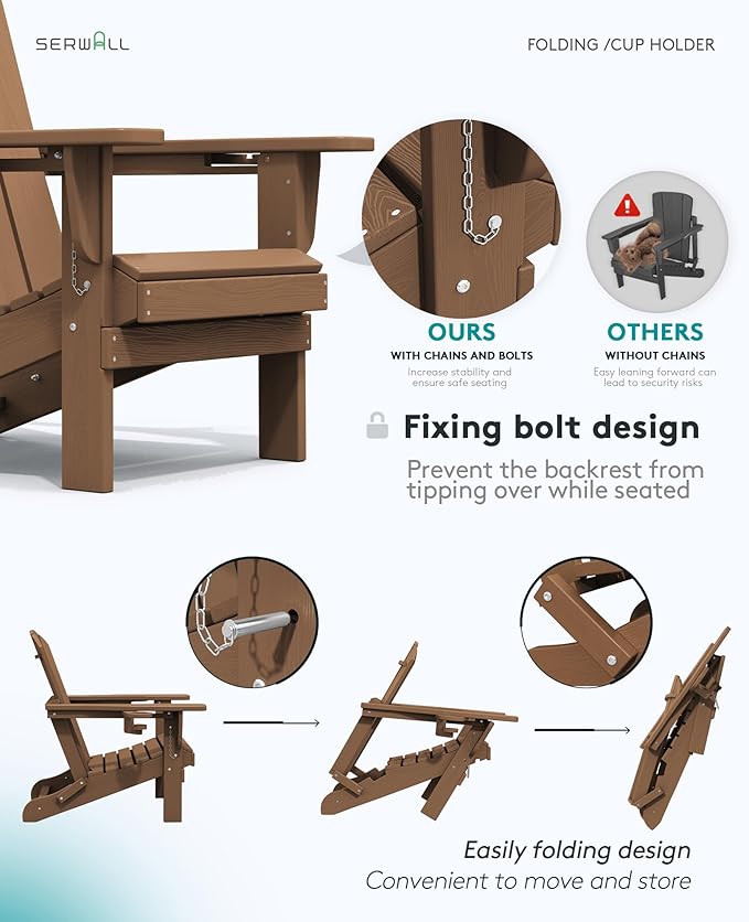 SERWALL Adirondack Chair with Cup Holders - Composite Adirondack Chairs Set of 2 HDPE Outdoor Chairs All Weather Use- Brown