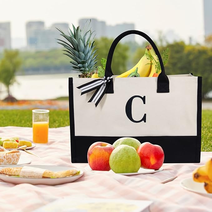 TOPDesign Embroidery Initial Canvas Tote Bag, Personalized Present Bag, Suitable for Wedding, Birthday, Beach, Holiday, is a Great Gift for Women, Mom, Teachers, Friends, Bridesmaids (Letter C)