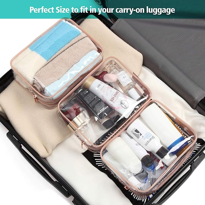 PACKISM Clear Makeup Bag - TSA Approved Toiletry Bag for Travel Size Toiletries, Travel Clear Toiletry Bag Quart Size Bag, Carry on Airport Airline Compliant Bag, Rose Pink(for age 12 or above)