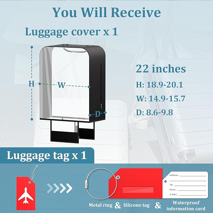 Upgraded Elastic Suitcase Covers for Luggage - Stretchable Black Cloth + Clear TPU, Fit 22 Inch Travel Suitcase, Waterproof & Anti-Scratch, Includes Free Red Luggage Tag