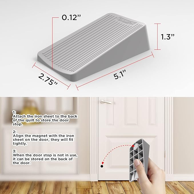 Premium Rubber Door Stop - Large Door Stopper Wedge,Anti-Slip Design, Automatically Fixed,Works On All Floor Types and Carpet Heavy Duty Door (2 Pack, Gray)