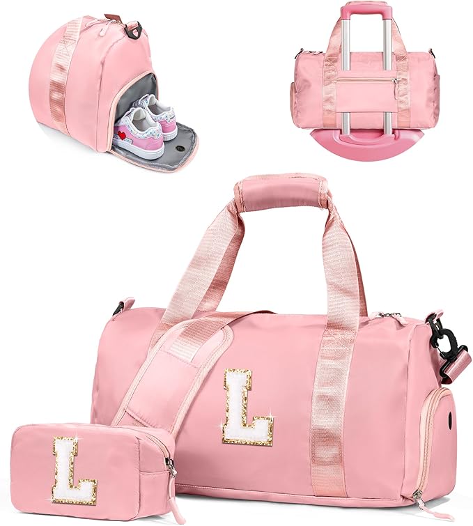 7 Year Old Girl Birthday Gifts Granddaughter-Girl Gym Bag with Shoe Compartment, Kid Personalized Weekender Overnight Bags, Travel Tote with Makeup Pouch, Niece Girls Birthday Gift (Letter L)