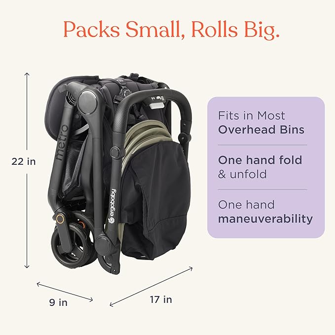 Ergobaby Metro 3 All in One Compact Baby Stroller, Lightweight Travel Stroller, Easy One-Hand Fold for Overhead Airplane Storage (Carries up to 50 lbs), Car Seat Compatible, Natural Beige