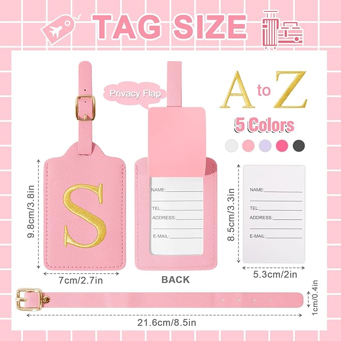 Personalized Initial Luggage Tags for Suitcase, Pink Leather Cute Luggage Tags with Privacy Cover Name Card, Embroidered Custom Monogrammed Luggage Tag Travel Bag Baggage Tags Gifts for Women Kids(S)