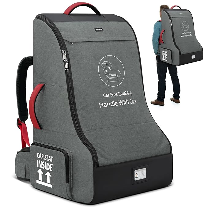 RAINSMORE Padded Car Seat Travel Bag for Airplane Heavy Duty Car Seat Backpack for Air Travel Baby Carseat Cover Bags for Airport Large Car Seats Carrier Fits Car Seats & Booster Seats,Gray