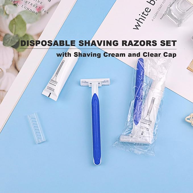 Disposable Razors in Bulk Pack of 60,Blue Disposable Shaving Razors Individual Wrapped Twin Blade Bulk Disposable Razors with Clear Cap and 10g Shaving Cream for Homeless,Hotel,Travel,Charity,Shelter
