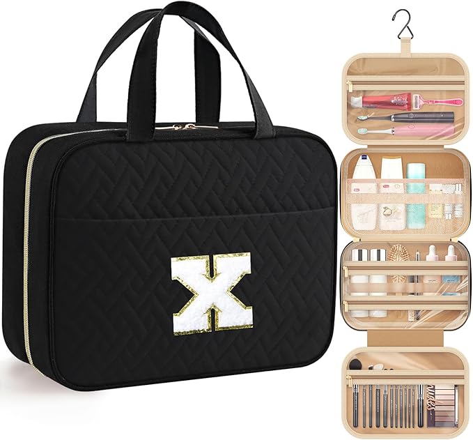 HOTOR Travel Toiletry Bag - Personalized Chenille Initial Makeup Bag, Water-Resistant Personalized Gifts for Women, Portable Travel Accessories & Essentials, Letter X, Black, 11.4"×9.0"×3.35"