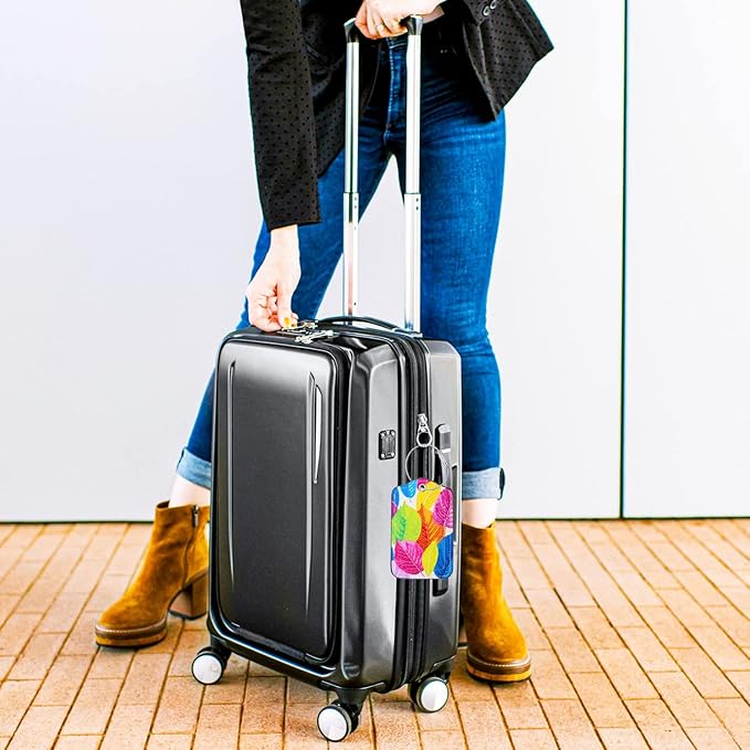 Luggage Tags for Suitcases-Leather Luggage Tag 4 Pack with Loops Cute Bag/Backpack/Suitcase Tags Travel Essentials for Flying (Colorful Leaft)