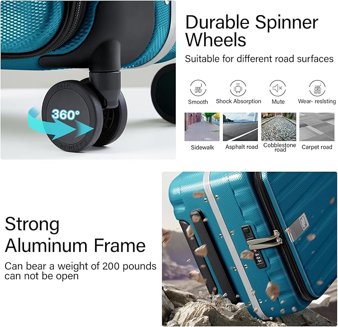 Hanke 24 Inch Checked Luggage PC Hard Case Luggage Top Opening Aluminum Frame Tsa Luggage Suitcases with Wheels for Travel Woman Men, Caribbean Blue.