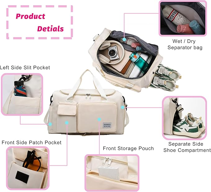 Multipurpose 20L Foldable Duffel Bag Gym Yoga Bag Carry-On Shopping Sack Travel Organizer Cabin Bag Sundry Package Wet&Dry Compartment (Gery)