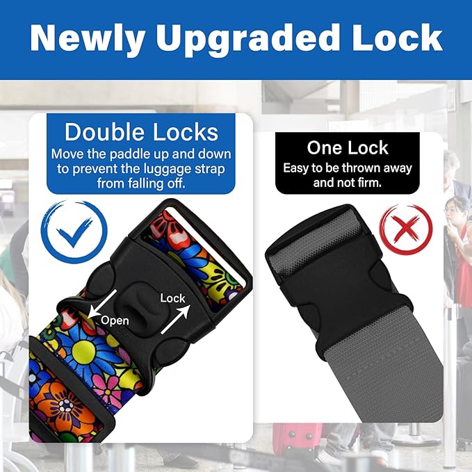 2 Pack Luggage Straps for Suitcases, Adjustable Travel Belt with Double Lock and Quick Release Buckle, Heavy Duty Nylon Bag Packing Strap, Bright Identifiers Business Travel Accessories-Sun Flowers