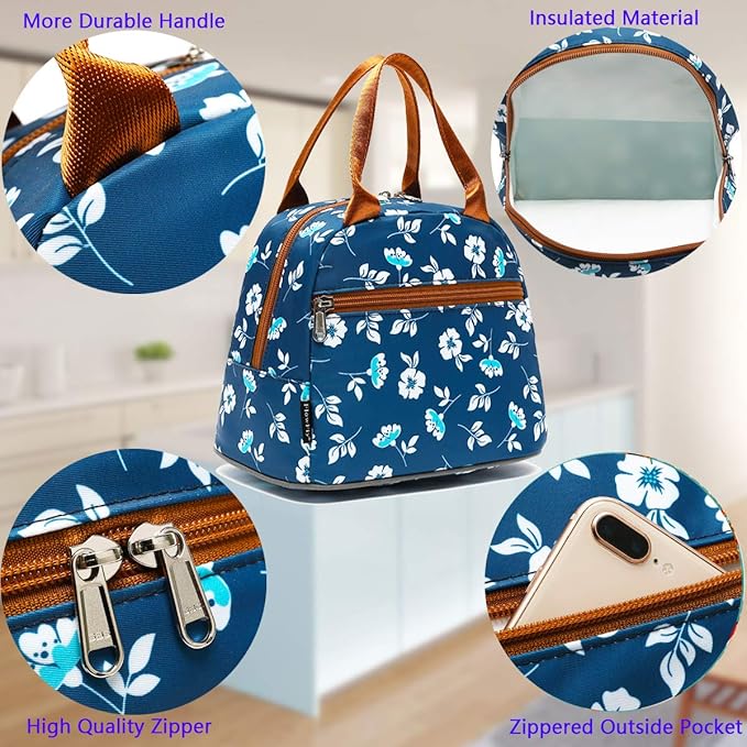 FlowFly Insulated Lunch Cooler Bag - Tote Bag Organizer for Women/Men, Floral#White