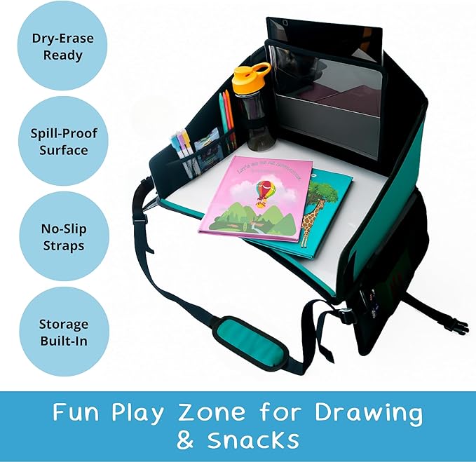 Kids Travel Tray for Car Seat – Gray – The Essential Travel Lap Desk with Removable Tablet Holder, Built-In Storage, and Stabilized Panels, Must Have Car Tray for Kids on Road Trips