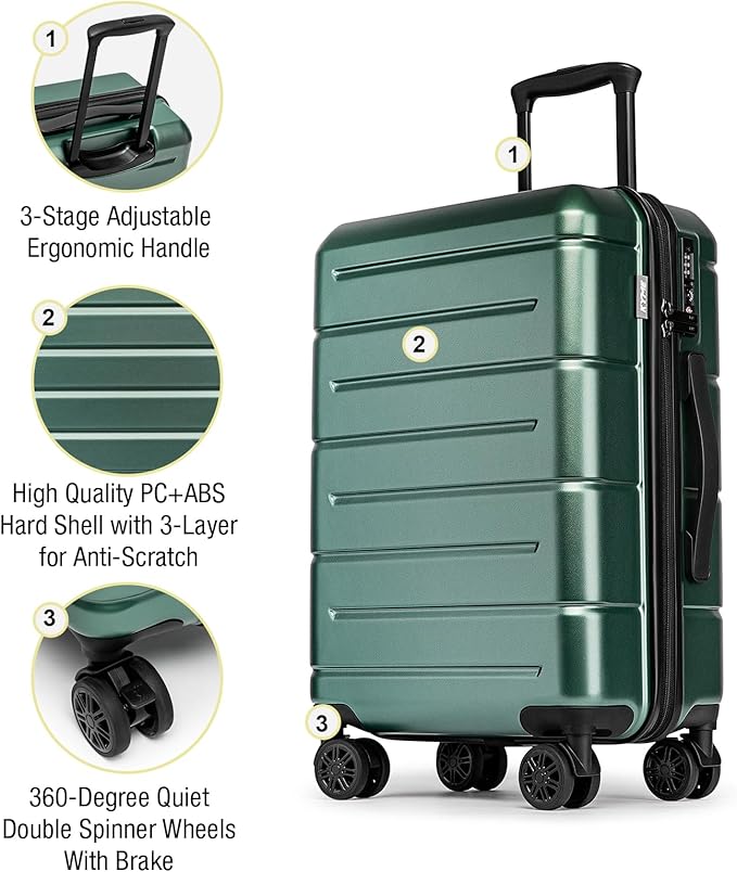 KYME Hardside Carry On Luggage 22x14x9 Airline Approved with TSA Lock Hardshell 22 Inch Suitcase with Spinner Wheels Small Travel Rolling Luggage with Cup Holder for Men Women Green