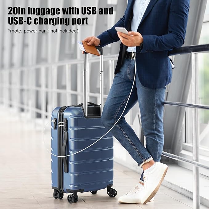 Coolife Luggage Suitcase Carry-on Spinner TSA Lock USB Port Expandable (only 28’’) Lightweight Hardside Luggage (Gray, S(20in_carry on))