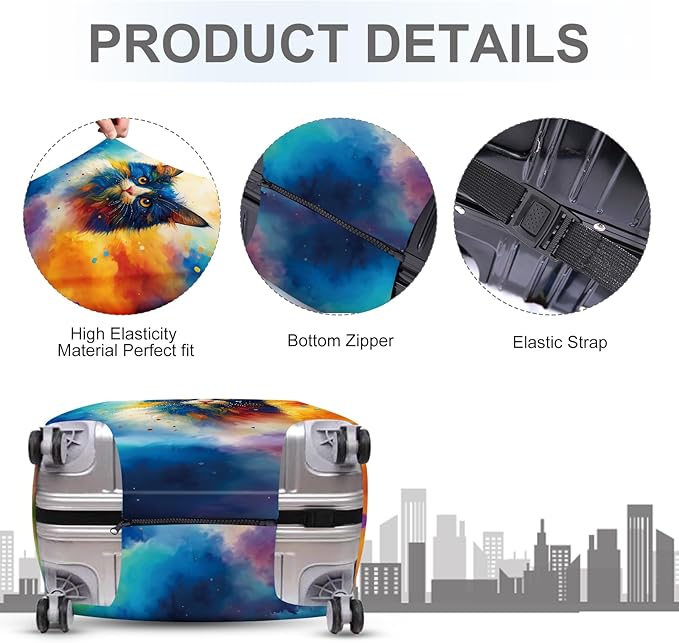 ANNA QUEEN Colorful Cat Luggage Cover, Artistic Blue Cat Design with Rainbow Colors, Stretchable, Washable Travel Sleeve for 28-30 Inch Suitcases