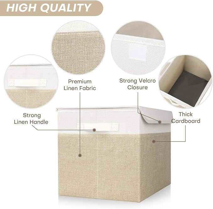 Large 22 Quart Linen Fabric Foldable Storage Bin Cube Organizer Basket with Flip-Top Lid & Handles, Clothes Blanket Box for Home, Office, Closet, Beige & White, 4 Pack 14.6 x 9.5 x 9.5”