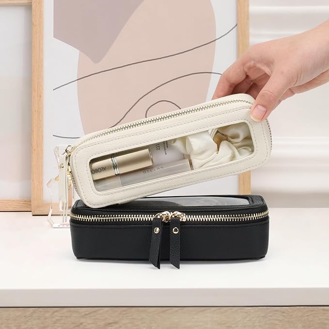 PACKISM Slim Clear Makeup Brush Bag, Pebbled Texture & Hard PU Leather Small Cosmetic Brush Holder, Mini Toiletry Bag Make up Bags with Message Card, Cute Travel Essentials Bag (Cream)