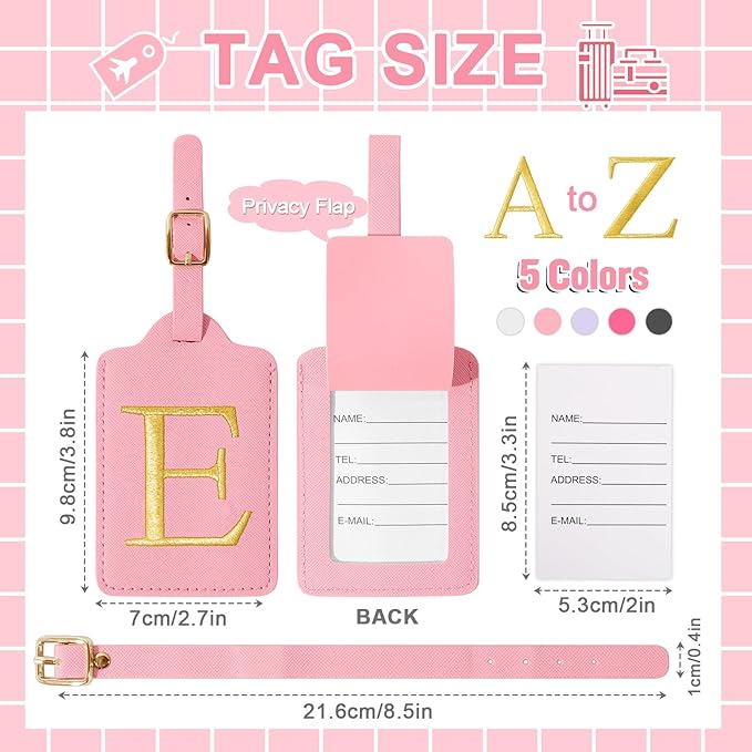Personalized Initial Luggage Tags for Suitcase, Pink Leather Cute Luggage Tags with Privacy Cover Name Card, Embroidered Custom Monogrammed Luggage Tag Travel Bag Baggage Tags Gifts for Women Kids(E)