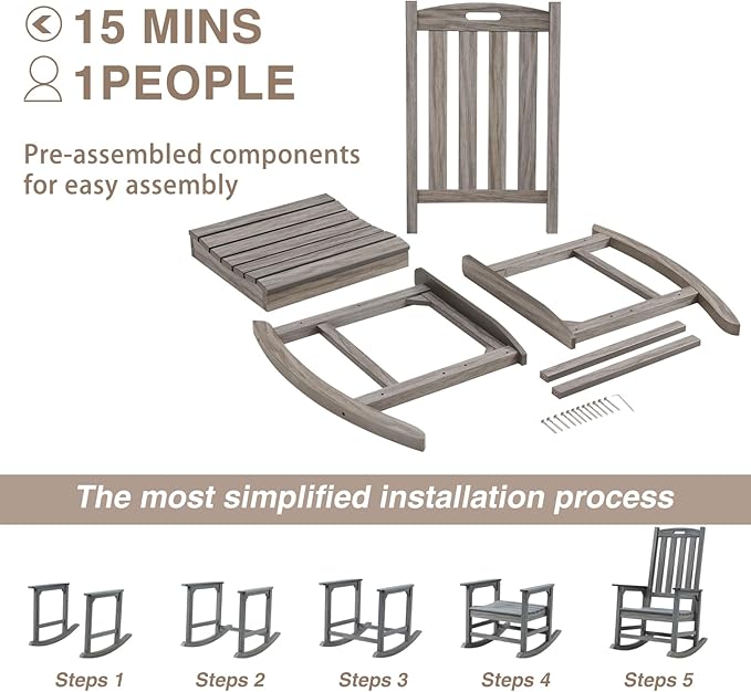 Psilvam Outdoor Rocking Chair Set of 2, Poly Lumber Oversized Rocking Chair with 21" Wide Seat and 32" Tall Backrest, Pre-Assembled with Most Components for Effortless Installation(Light Gray)