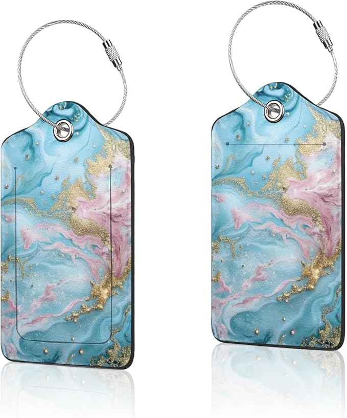 2 Pack Luggage Tag for Suitcase, Cute Unique Leather Suitcase Tags Identifiers with Privacy Name Address Labels & Durable Steel Loop for Women Men Travel