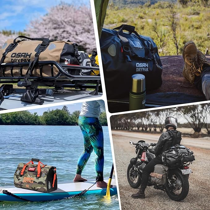 Waterproof Duffel& Luggage Bag - Motorcycle Dry Bag Tail Saddle Bags with Roll Top Closure,Large Storage Space,for Camping, Kayaking, Fishing & Traveling(Black, 60L)