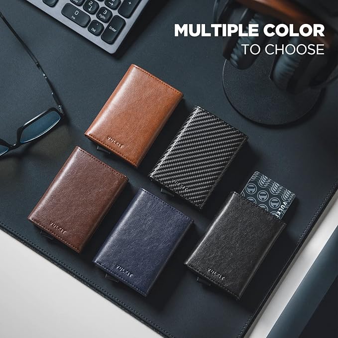 VULKIT Pop up Card Wallet Minimalist Cash Wallets RFID Blocking Leather Smart Credit Card Holder with ID window for Men(Black)